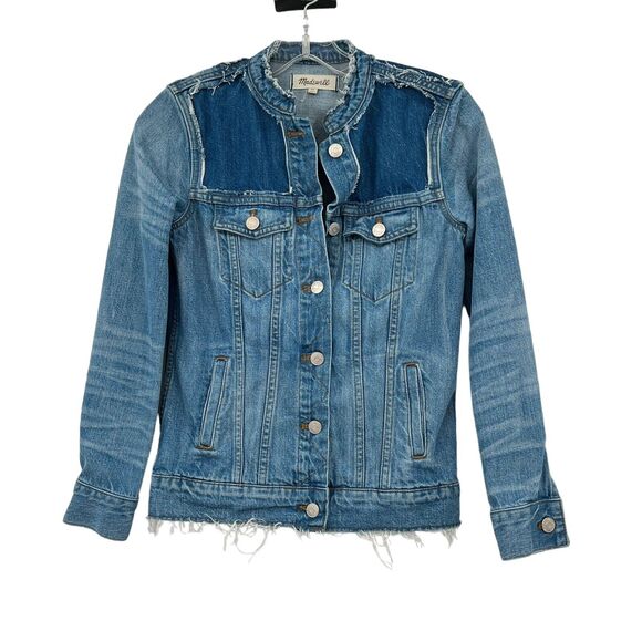 Madewell Patchwork Denim Blue Jean Jacket Raw Hemline ‎ XS - Picture 1 of 4